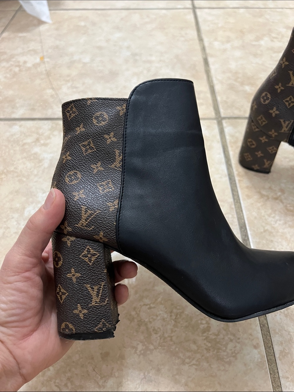 Black and brown monogram Inspired Leather Ankle Boots with Monogram Heel - Picture 4 of 7